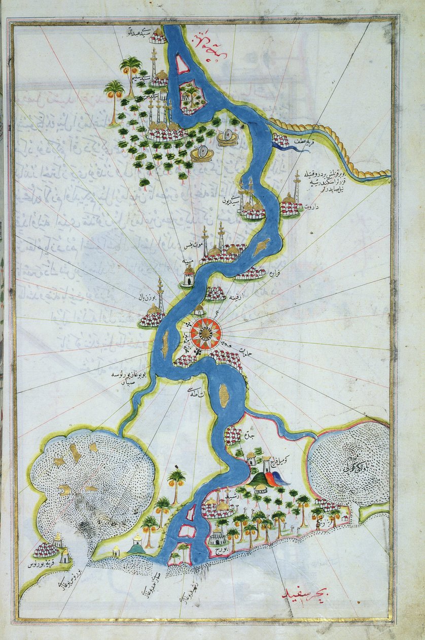 MS W.658 fol.304v Kaart van de Nijl uit de Kitab-I Bahriye (tempera, goud en inkt op papier) door Piri Reis
