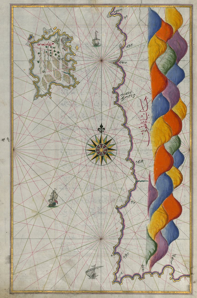 Kaart van het eiland Bozjah (Tenedos) voor de kust van Anatolië door Piri Reis