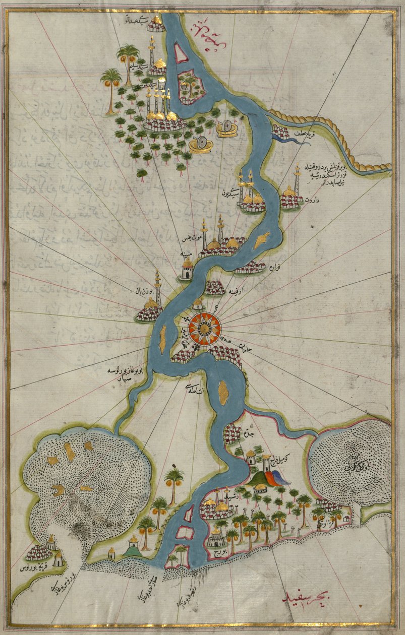 Kaart van de rivier de Nijl van de monding naar het zuiden door Piri Reis