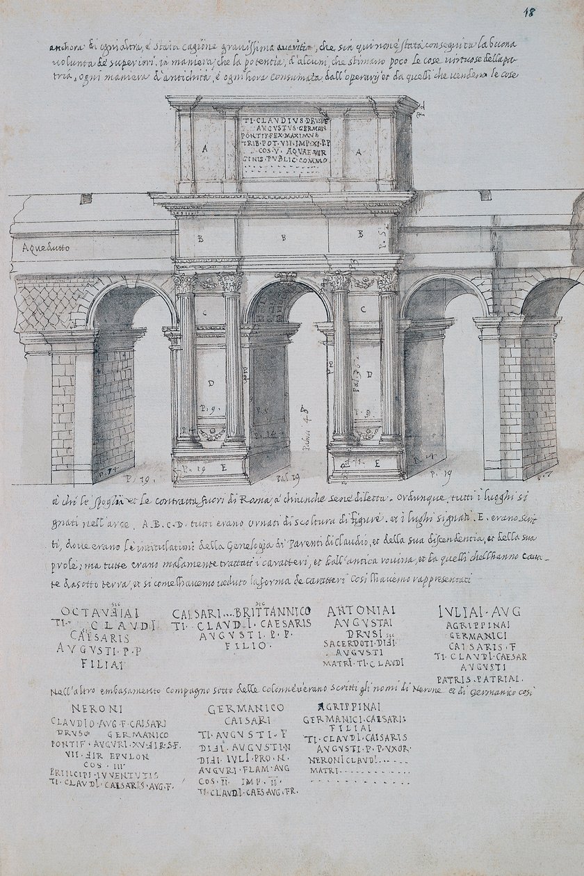 Boog van Claudius in Rome, tekening, uit Romeinse Oudheden, door Pirro Ligorio (1513-1583) door Pirro Ligorio
