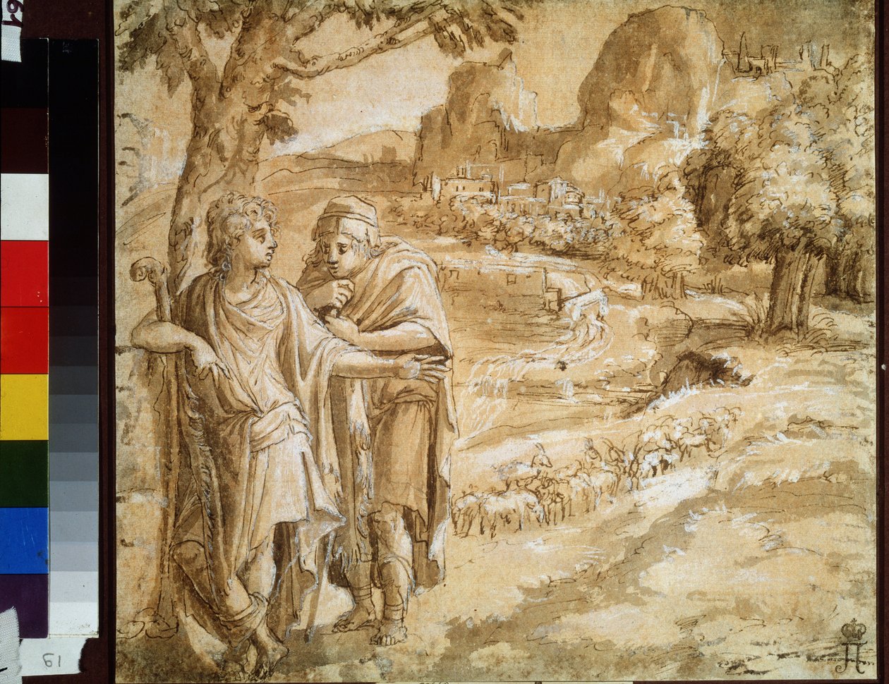 Herder en pelgrim in een landschap door Pirro Ligorio