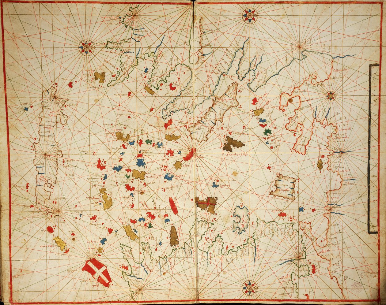 Egeïsche Zee, uit portolan atlas bestaande uit zes kaarten, door Placido Caloiro en Francesco Oliva, perkament. 1646 door Placido Caloiro e Oliva
