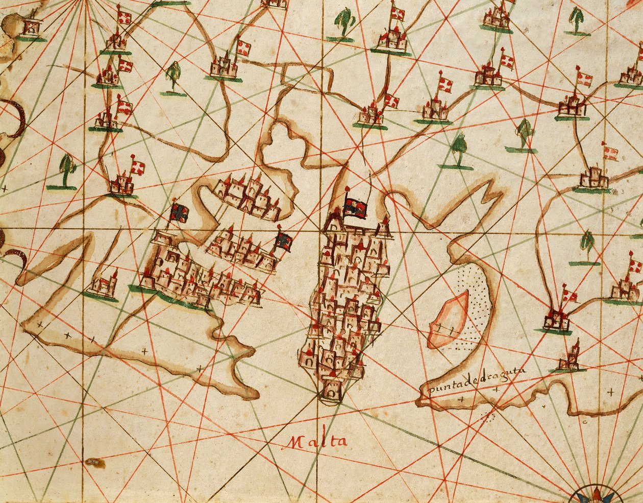 Eiland Malta, uit portolaanatlas bestaande uit zes kaarten, door Placido Caloiro en Francesco Oliva, perkament. 1646. door Placido Caloiro e Oliva