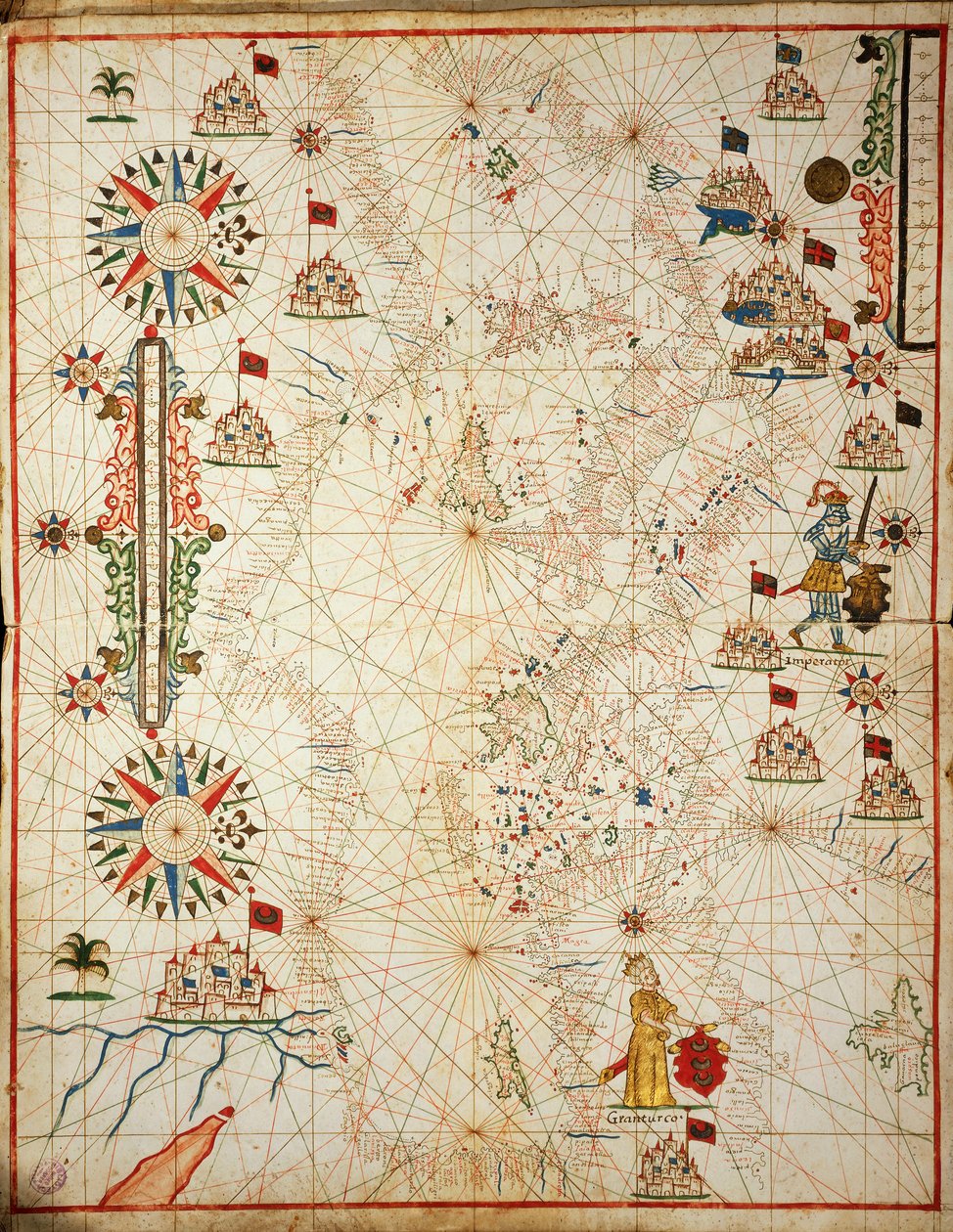 Middellandse Zee, uit portolaanatlas van zes kaarten, door Placido Caloiro en Francesco Oliva, Perkament. 1646. door Placido Caloiro e Oliva