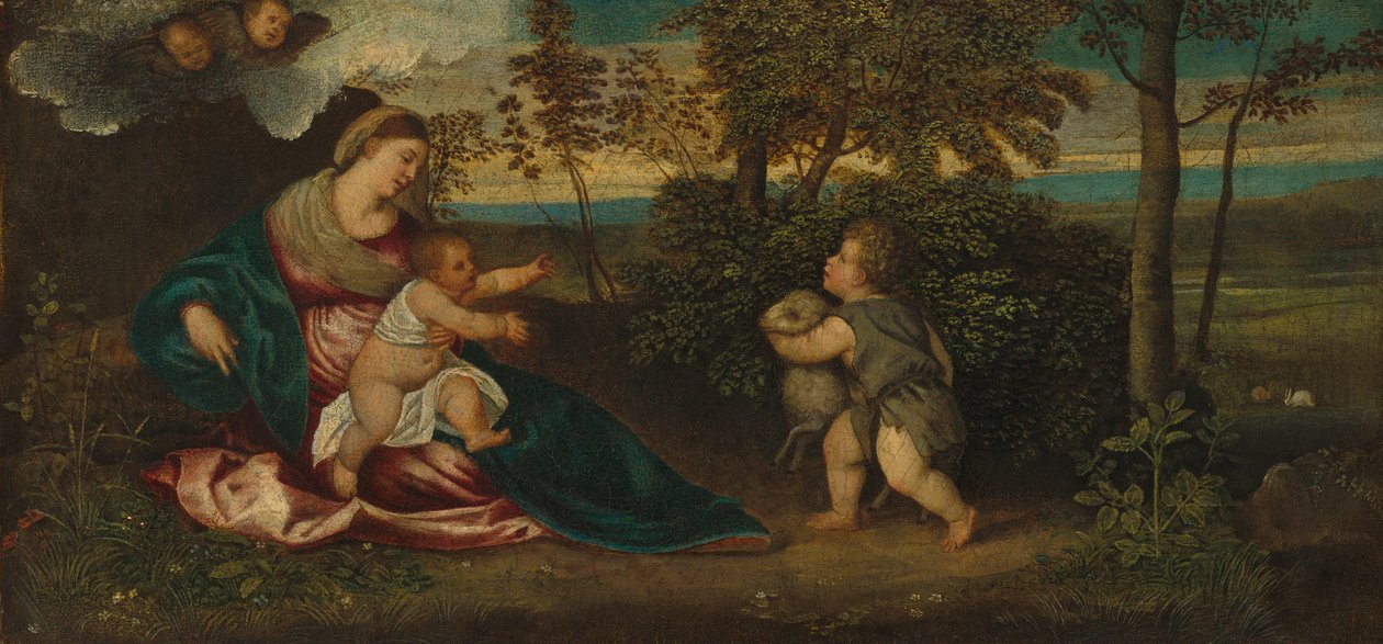 Madonna en Kind en de Jonge Heilige Johannes in een Landschap, 1540-50 door Polidoro Lanzani