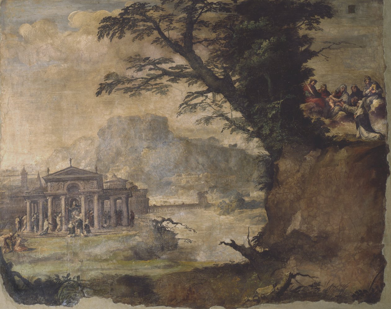 Landschap met ontmoeting van Christus en Maria door Polidoro da Caravaggio