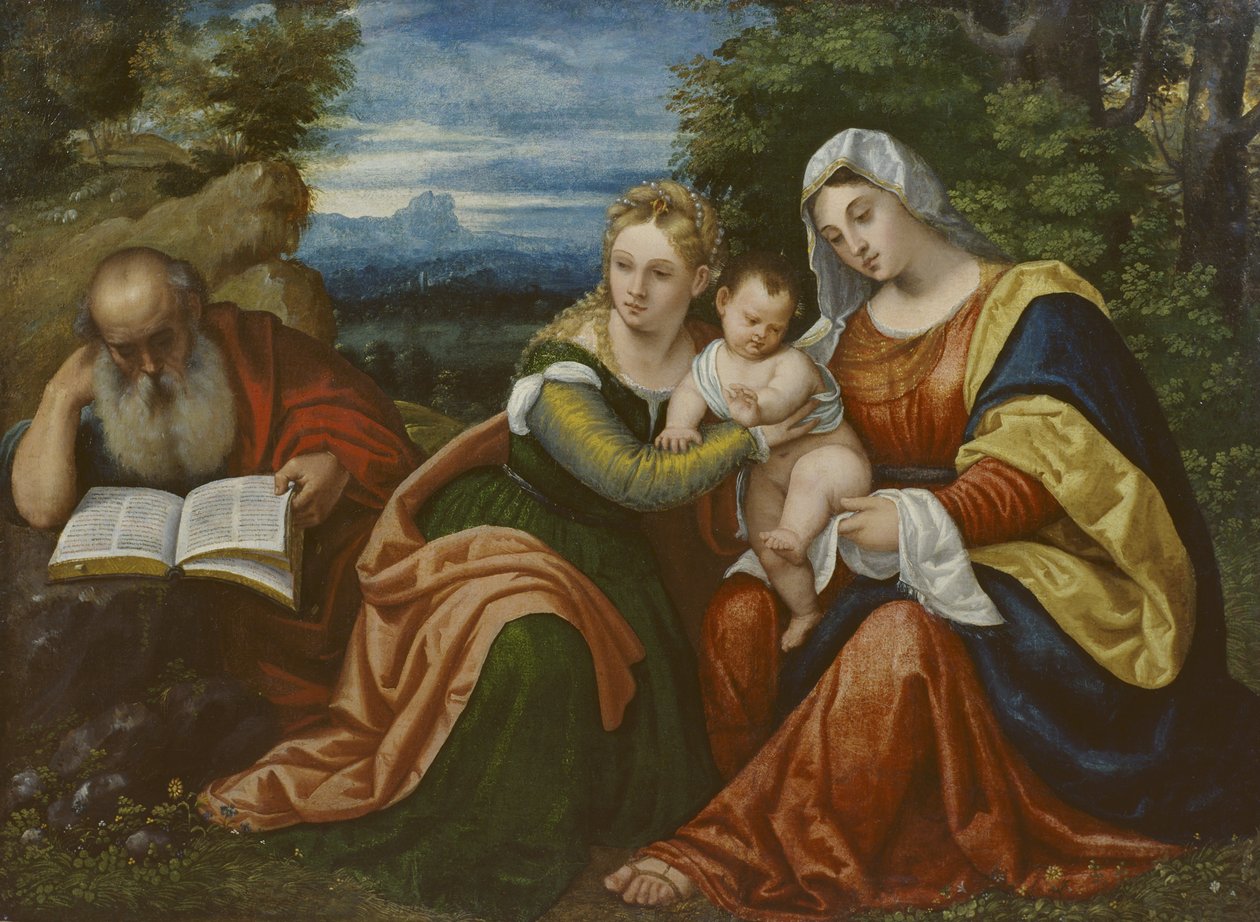 Maagd en Kind met St. Catharina en St. Hiëronymus in een Landschap door Polidoro da Lanciano