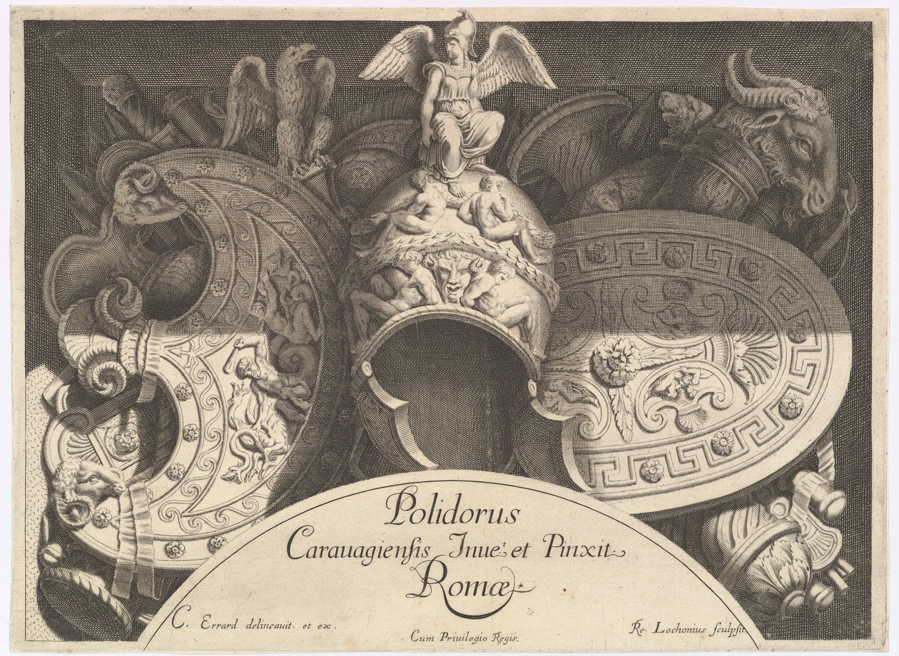 Divers Trophées Wapentrofeeën na de Façade van Palazzo Milesi in Rome, 1651 door Polidoro da Caravaggio