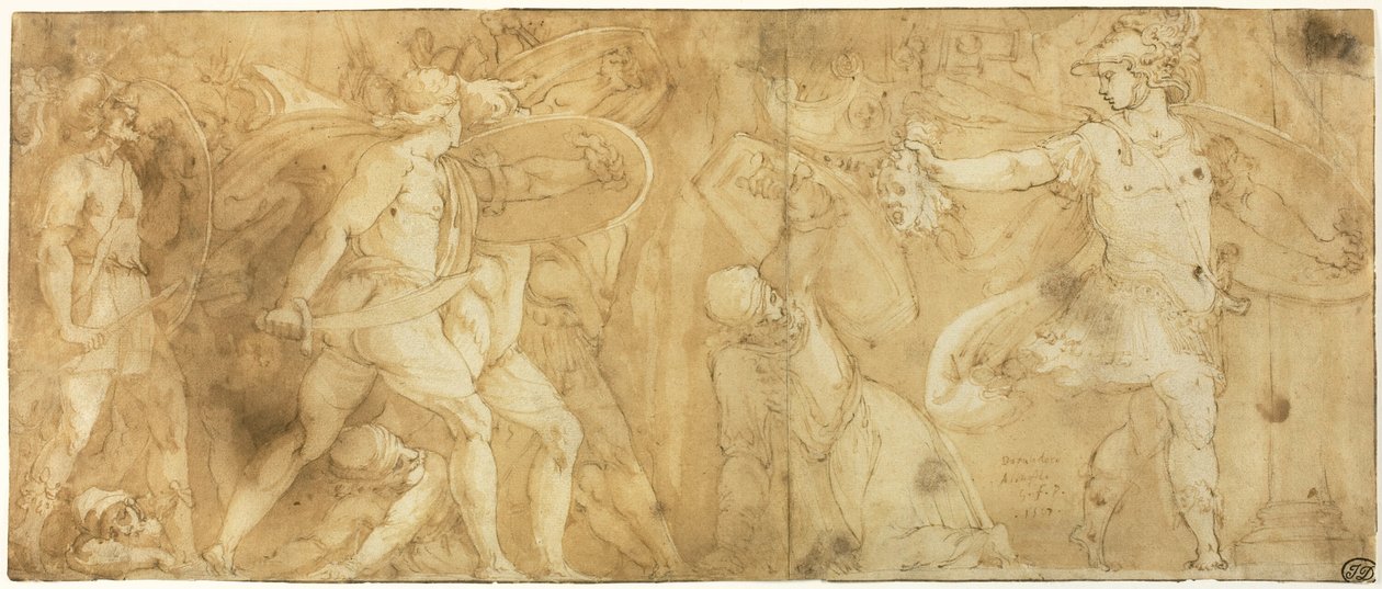 Perseus met het hoofd van Medusa, Phineus en zijn volgelingen in steen veranderend door Polidoro da Caravaggio