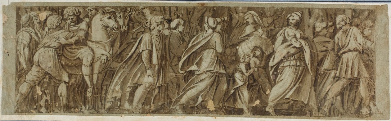 Sabijnen steken de rivier de Tiber over om de Romeinse spelen bij te wonen door Polidoro da Caravaggio