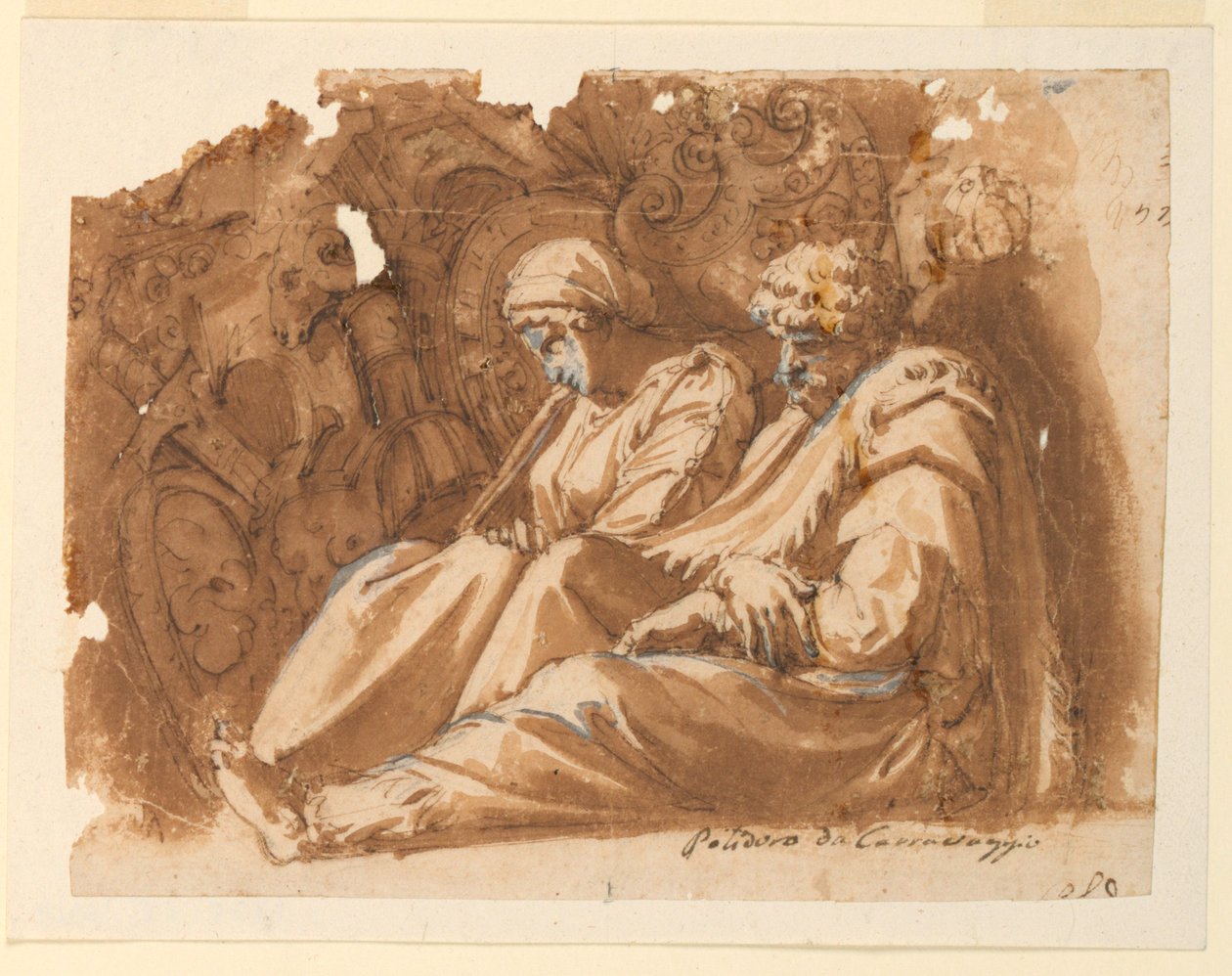 Zittende Figuren met Trofee door Polidoro da Caravaggio