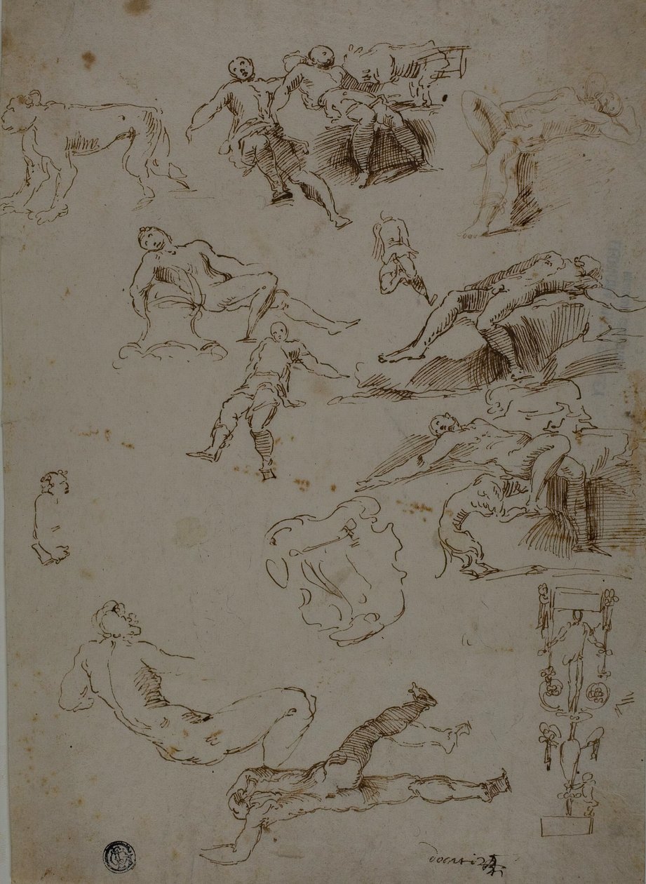 Schetsen van Mannelijke Naakten, Dieren en Decoratieve Details door Polidoro da Caravaggio