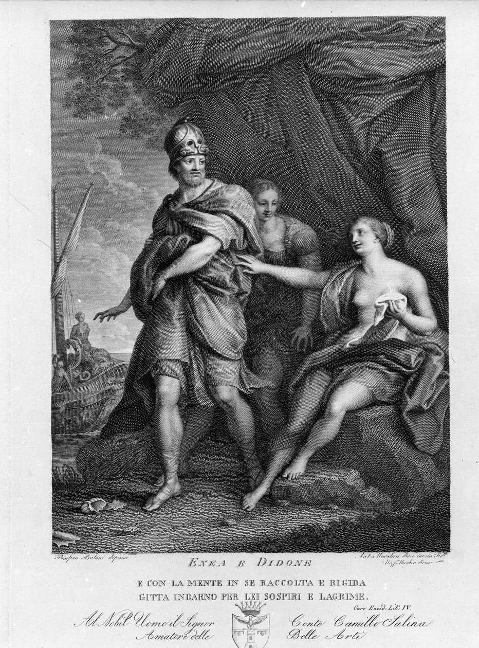 Eneide van Virgil, Boek IV, de Trojaanse held Enee verlaat Didon die wanhopig zelfmoord pleegt. Gravure naar een schilderij van Pompeo Batoni door Pompeo Girolamo (after) Batoni