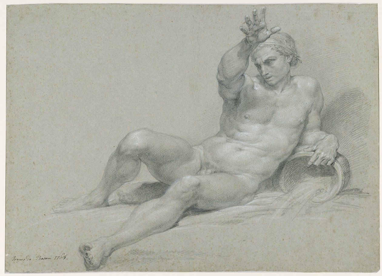 Naaktstudie van een liggend mannelijk model, met de rechterarm geheven, in de houding van een antieke riviergod, schuin van links gezien door Pompeo Girolamo Batoni