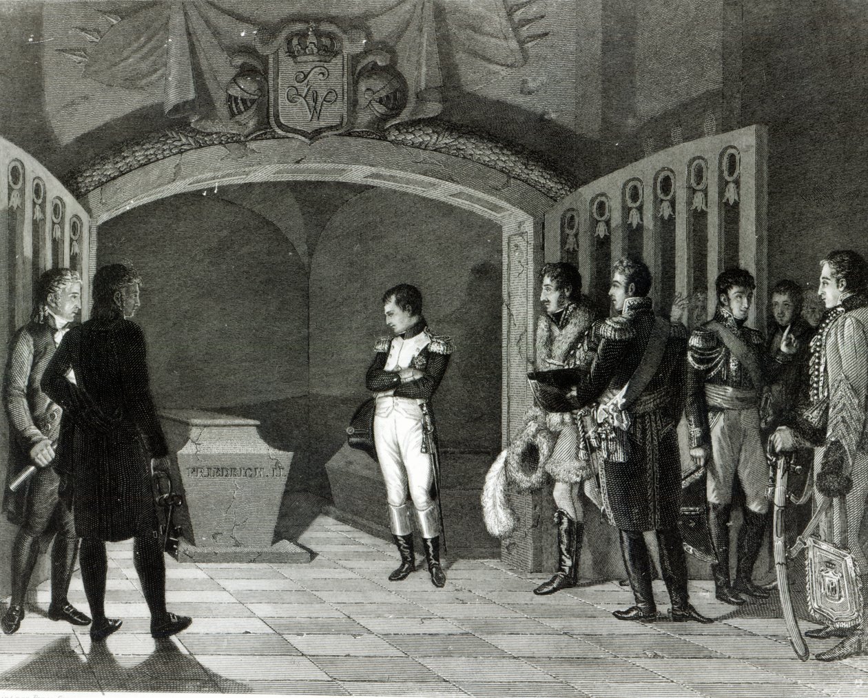 Napoleon Mediterend voor het Graf van Frederik II van Pruisen in de crypte van de Garnisonkirche in Potsdam, c.1810 door Ponce Camus. Marie Nicholas