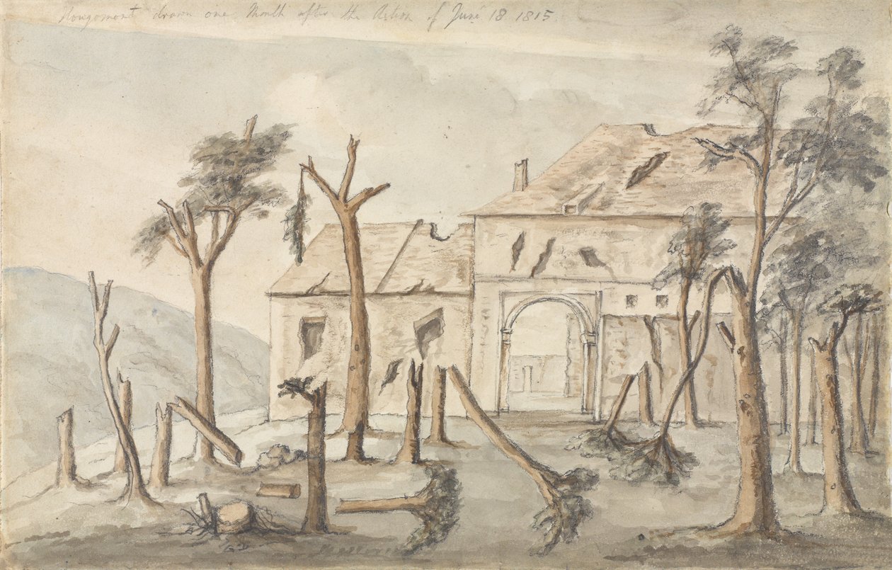 Hougoumont getekend een maand na de actie van 18 juni 1815, juli 1815 door Ponsonby