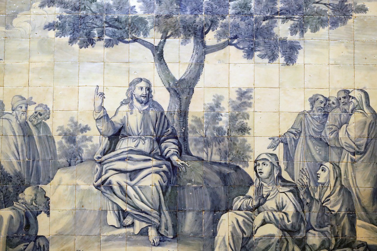 Kerk van Barmhartigheid. Azulejos. De bergrede. Jezus. Evora. Portugal. door Portuguese School