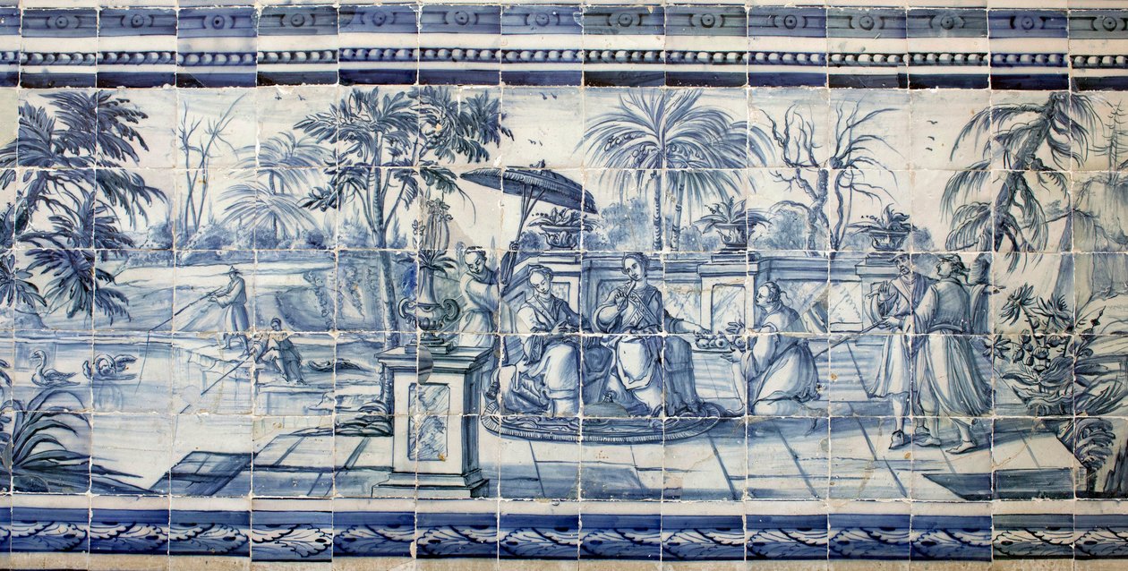 Fruittesten bij een meer in Azië - Azulejos, geschilderd faience door Portuguese School
