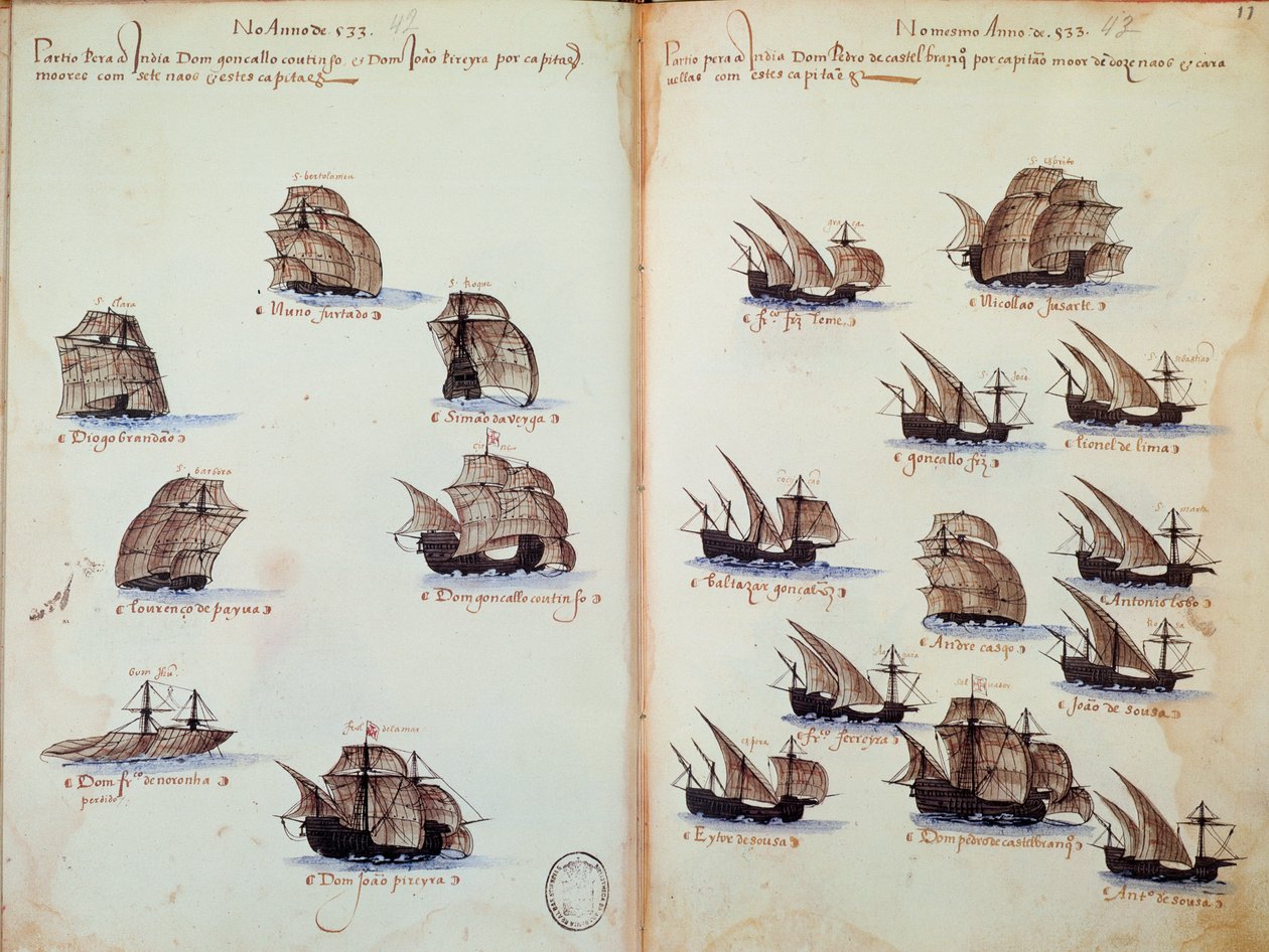 Manuscriptpagina Herinneringen van de armadas van Portugal onder Koning Manuel I (1469-1521) door Portuguese School