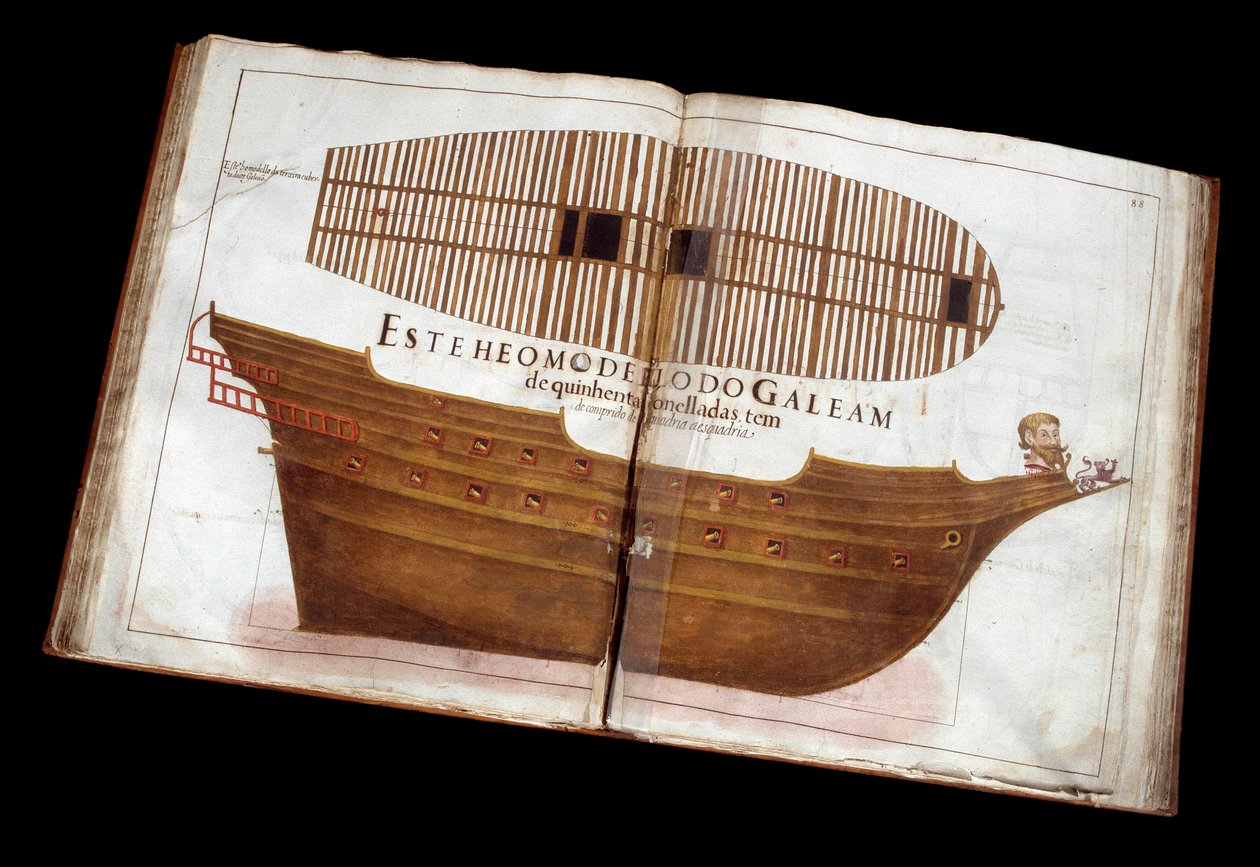 Scheepsbouw: pagina uit het architectonische verdrag (Livro de Tracas de Carpintaria) door Manuel Fernandez: het snijden van een schip door Portuguese School