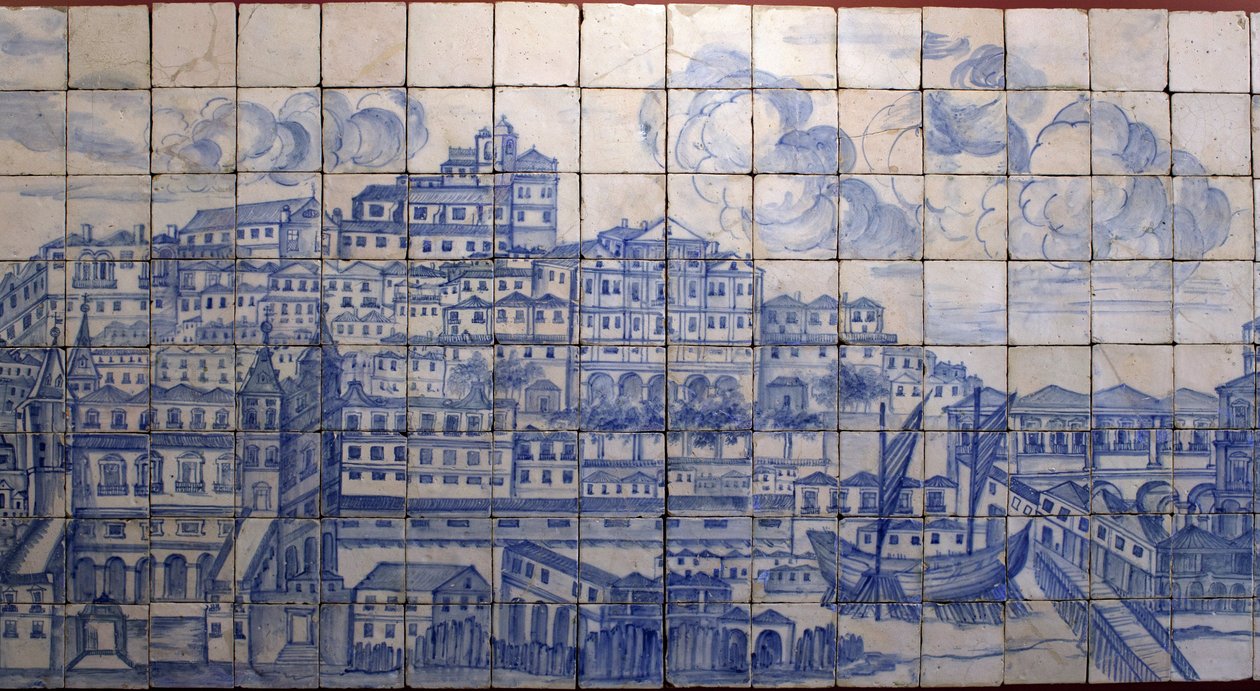 Panoramisch uitzicht op Lissabon, voor de aardbeving van 1755 - Azulejos begin 18e eeuw, paneel waarschuwend voor het voormalige paleis van de graven van Tentugal, Lissabon (Groot Lissabon panorama voor de aardbeving van 1755, faience begin 18e eeuw, oud p door Portuguese School