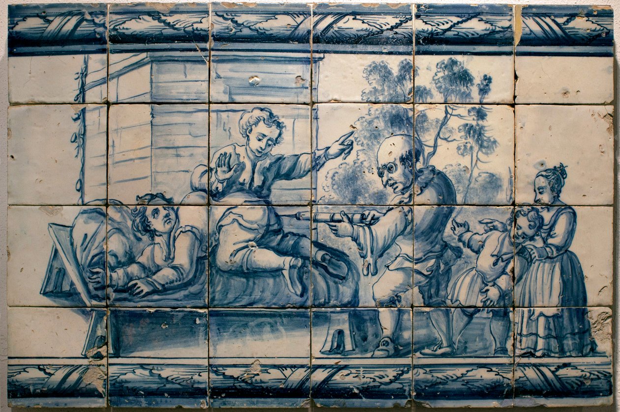 De dokter die een klysma toedient aan een patiënt - Satirisch paneel van Lissabon, eerste helft 18e eeuw - Museu Nacional dos Azulejos, Lissabon (Portugal) door Portuguese School