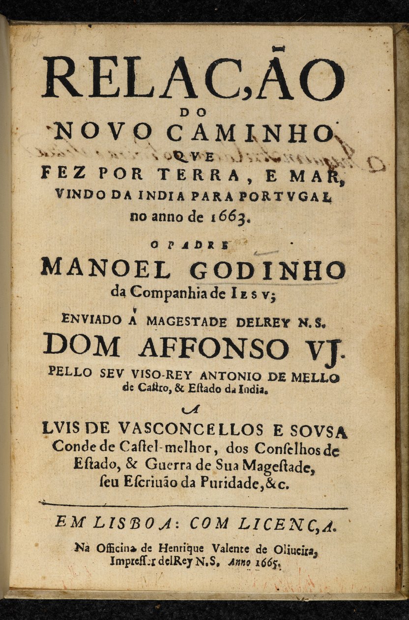 Titelpagina van Manuel Godinho, Relação do Novo Caminho que Fez por Terra e Mar, Vindo da India para Portugal no Ano de 1663, Lissabon: Henrique Valente de Oliveira door Portuguese School