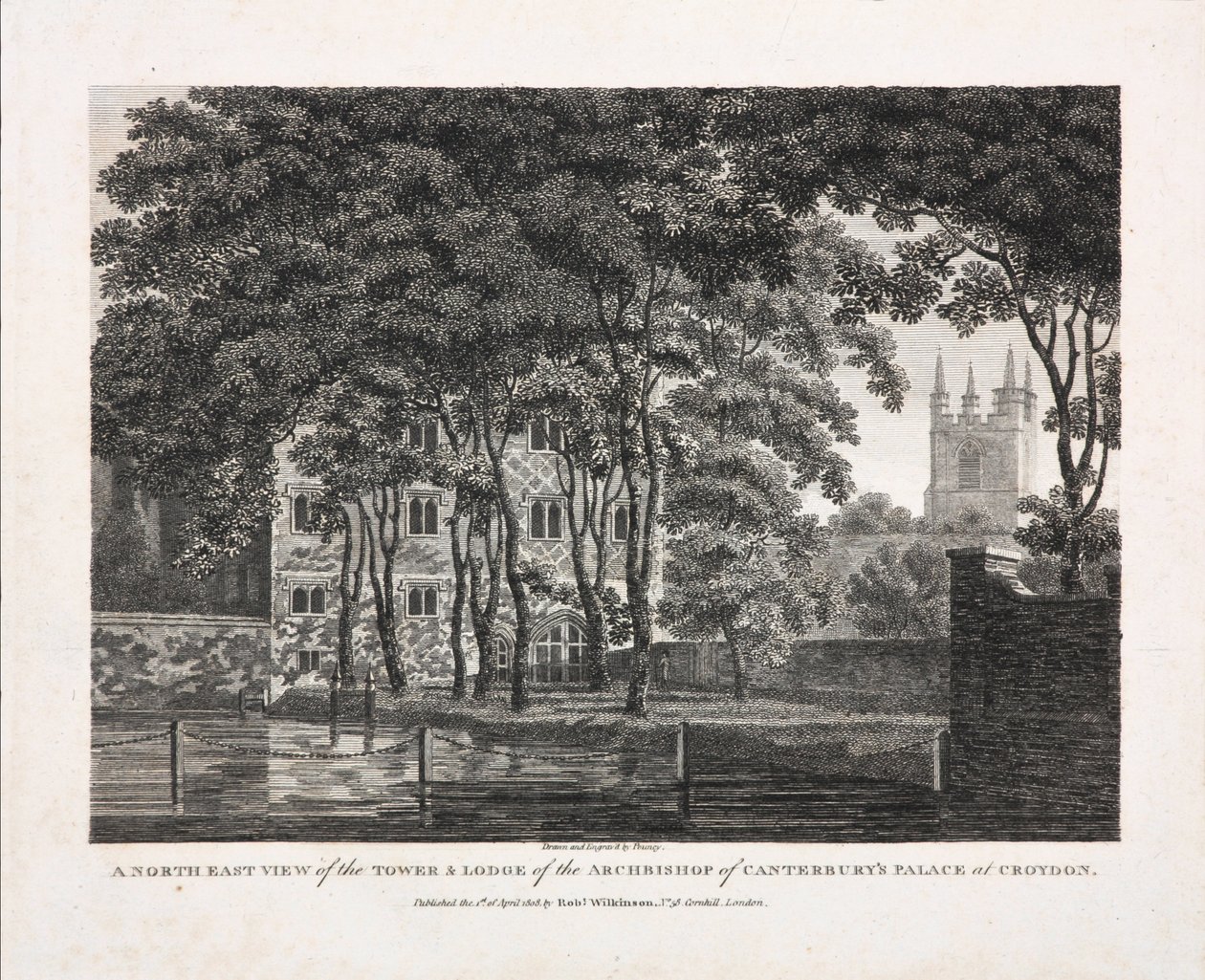 Een Noordoostelijk Uitzicht op de Toren en Lodge van het Paleis van de Aartsbisschop van Canterbury in Croydon, 1808 door Pouncy