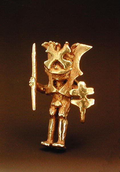 Hanger van een gemaskerde figuur uit de Cauca-vallei, Colombia (goud) door Pre Columbian Pre Columbian
