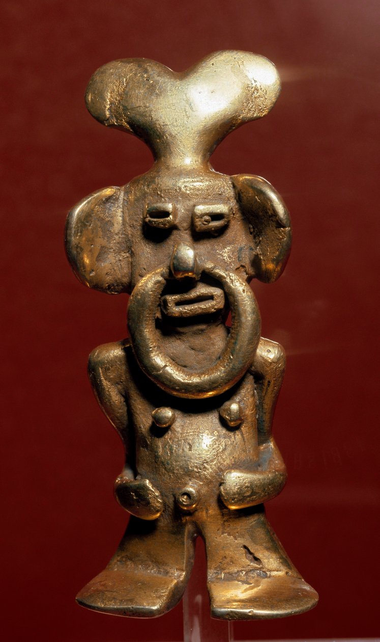 Precolumbiaanse kunst, Quimbaya beschaving: antropomorf gouden beeldje dat een man met een ring in zijn neus voorstelt door Pre Columbian Pre Columbian