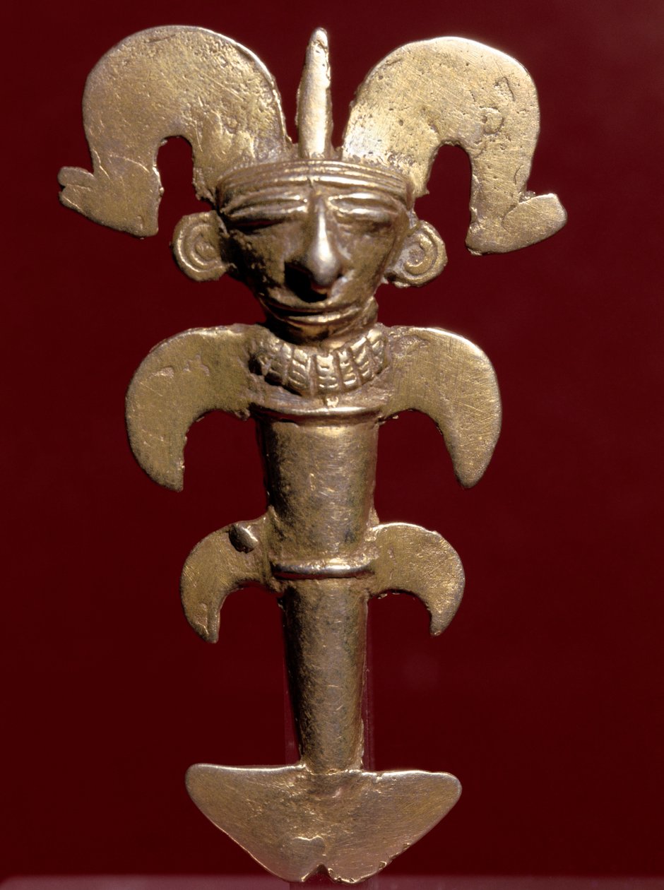 Precolumbiaanse kunst, Quimbaya beschaving: antropomorfe hanger in goud door Pre Columbian Pre Columbian