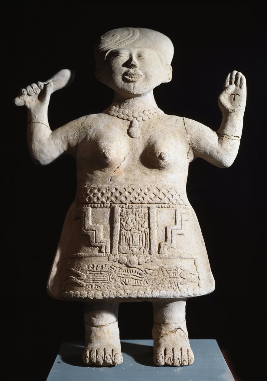 Precolumbiaanse kunst, Totonac beschaving: beeldje van priesteres met armen in de lucht door Pre Columbian Pre Columbian