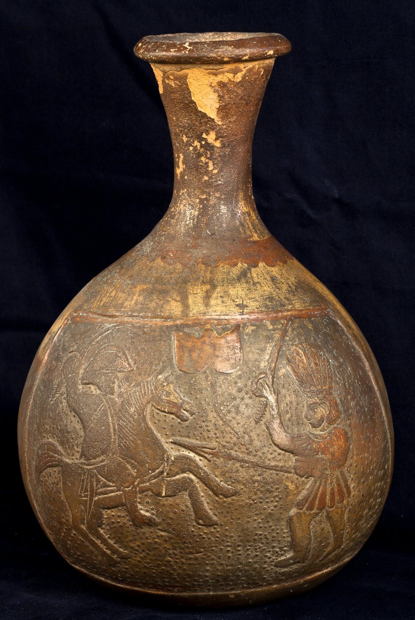 Fles met afbeelding van een gevecht tussen een ruiter en een krijger te voet (terracotta) door Precolombian Precolombian