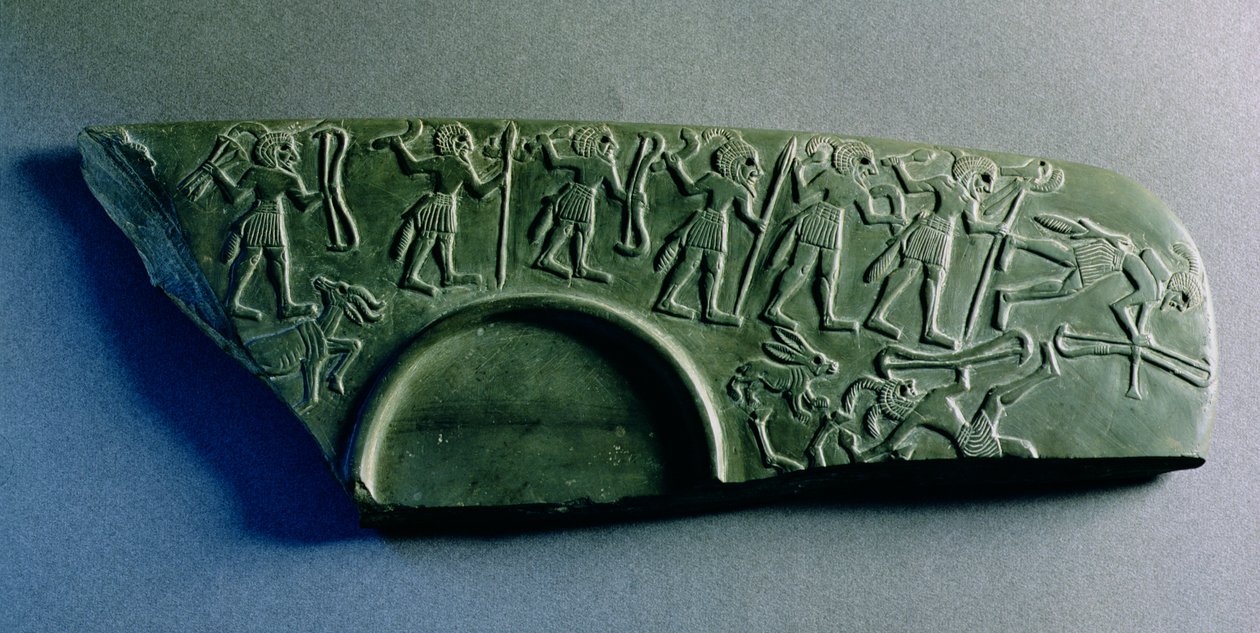 Fragment van een palet met een jachtscène, uit Abydos, c.3300-3100 v.Chr. door Predynastic Period Egyptian