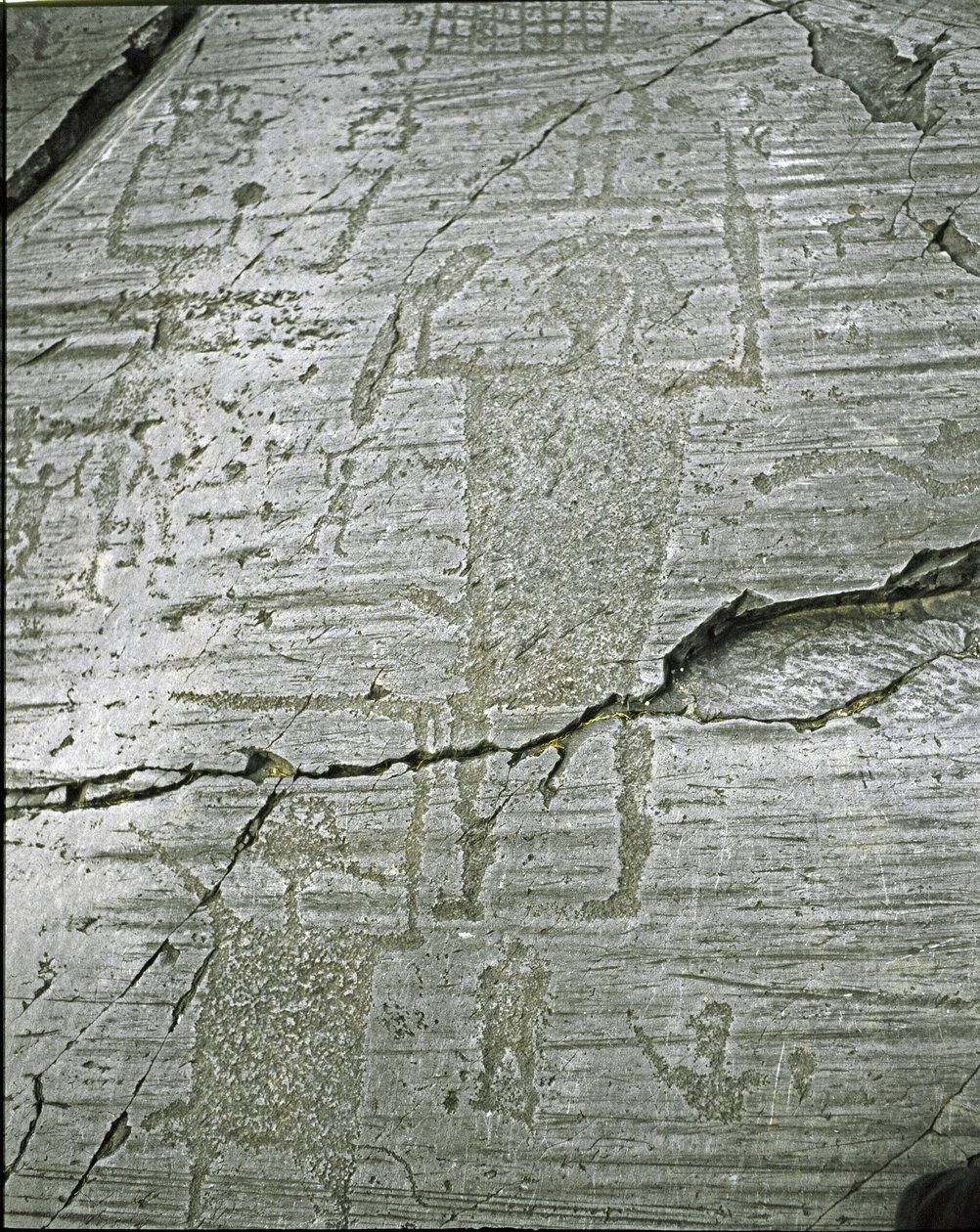 Prehistorie, Camunni beschaving, rotstekeningen: grafrots met gestileerde voorstellingen van krijgers, detail (detail) door Prehistoric Prehistoric