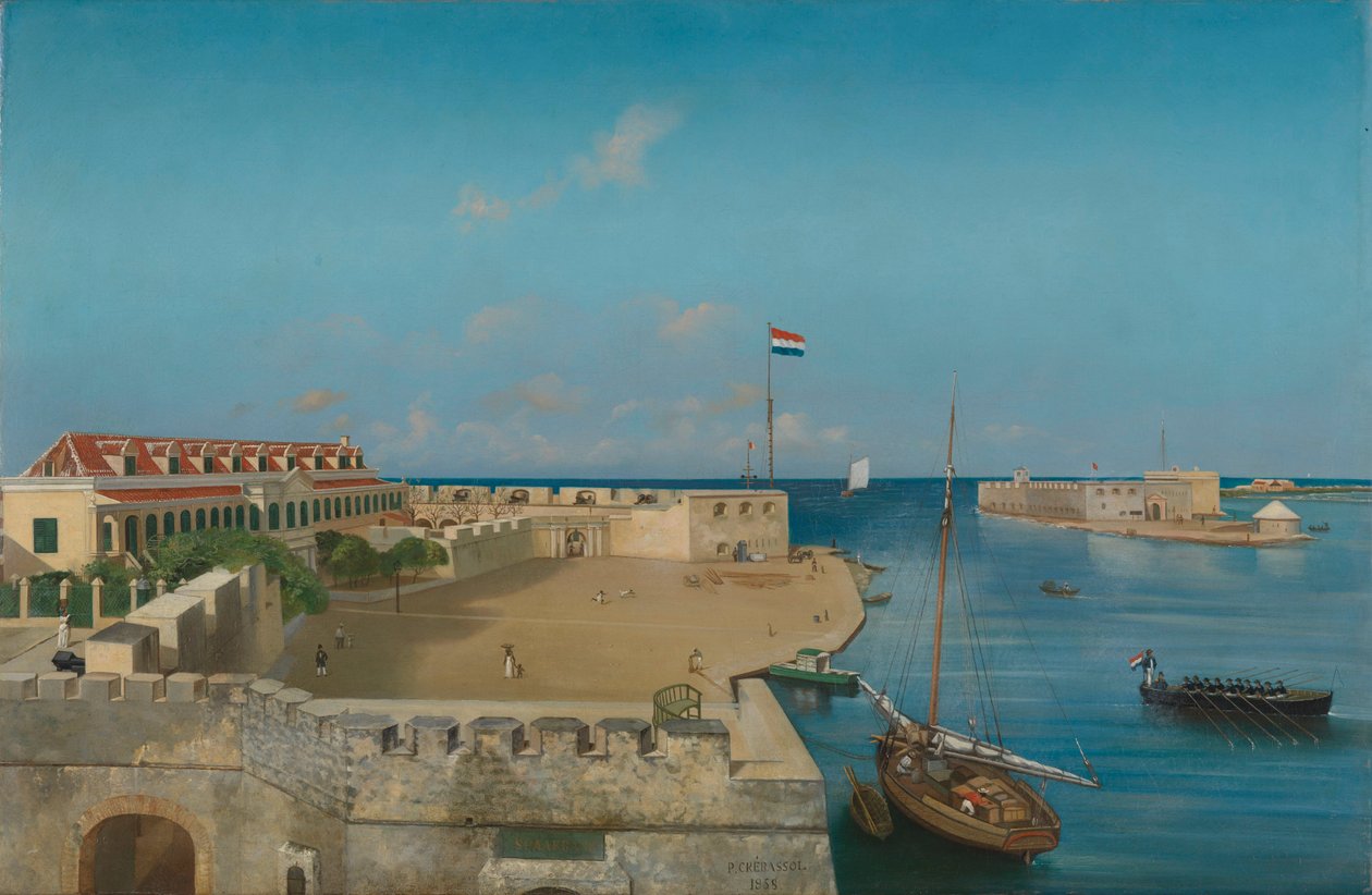 De haveningang van Willemstad door Prosper Crébassol