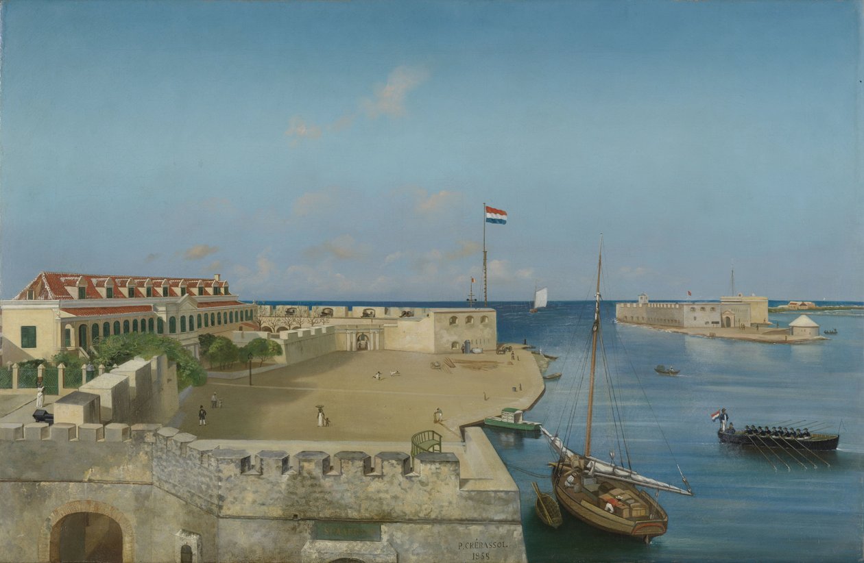 De haveningang van Willemstad met het Gouvernementspaleis door Prosper Crébassol (signed by artist)