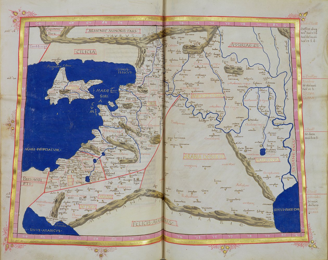 Ms Lat 463 f.111v-112r Kaart van Fenicië, Mesopotamië en Babylon door Ptolemy