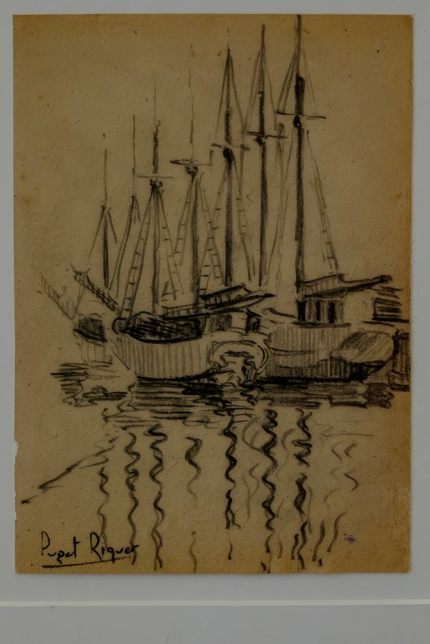 Zeilboten, Narcís Puget Riquer, houtskooltekening, museum Puget, adellijk huis van Can LLaudis, Dalt Vila, Ibiza, Balearen, Spanje door Puget Riquer
