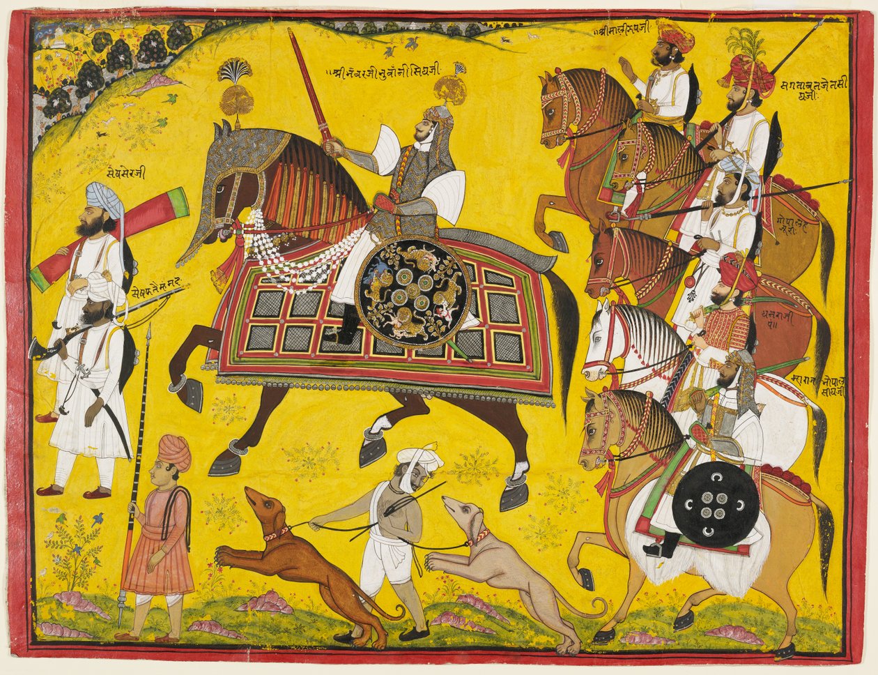 Processioneel portret van prins Bhawani Sing van Sitamau, 1855 door Pyara Singh