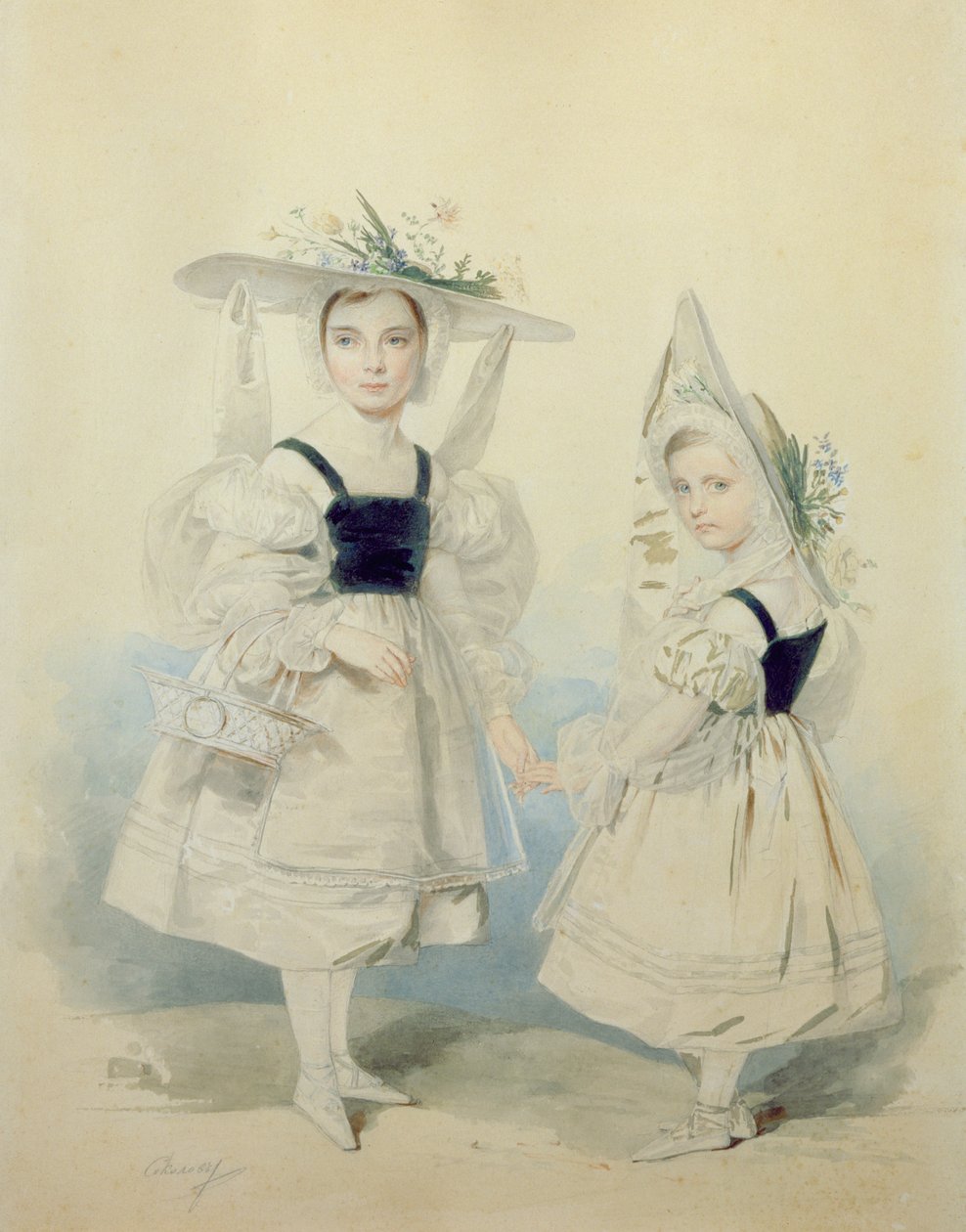 Portret van de grootprinsessen Olga en Alexandra in kostuum, 1830s door Pyotr Fyodorovich Sokolov