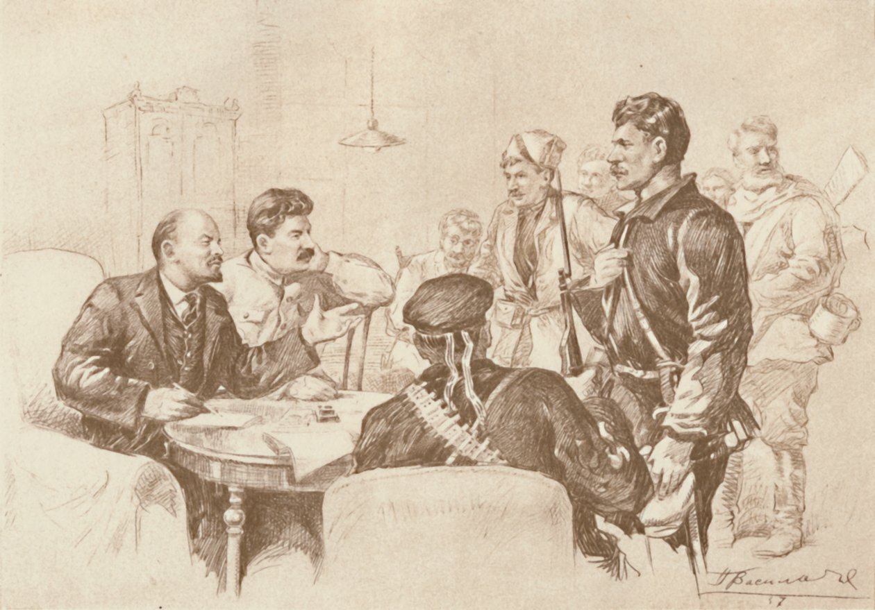 Lenin en Stalin spreken tot Rode Garde in de Smolny, 1917, 1939 door Pyotr Vasilyev