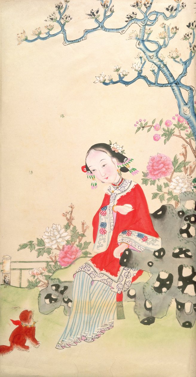 Meisje zittend op een rustieke rotsstoel door Qing Dynasty Chinese School