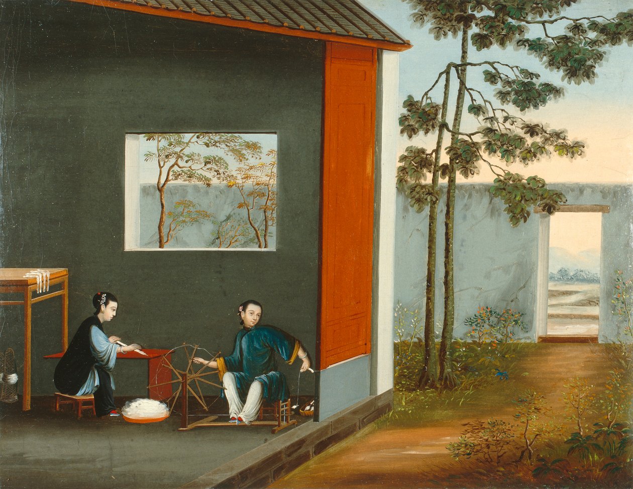 Twee Vrouwen die Spinnen, c.1800 door Qing Dynasty Chinese School