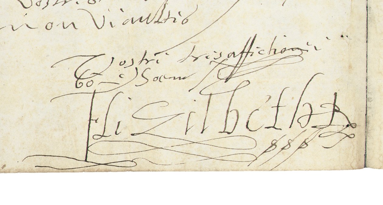 Handtekening op een brief van Elizabeth I van Engeland aan Hendrik IV van Frankrijk, ca. 1596 door Queen Elizabeth I of England and