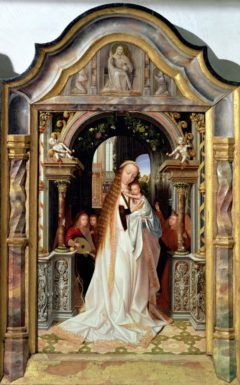 Maagd en Kind met drie engelen, centraal paneel van een drieluik, ca. 1509 door Quentin Massys or Metsys