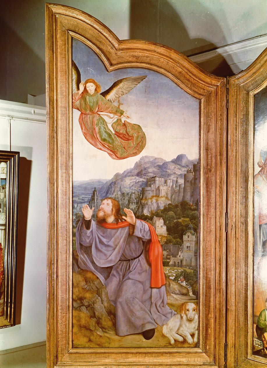 De Heilige Verwantschap, of het Altaarstuk van St. Anna, detail van het linker paneel dat de Aankondiging aan Joachim afbeeldt, 1509 door Quentin Massys or Metsys
