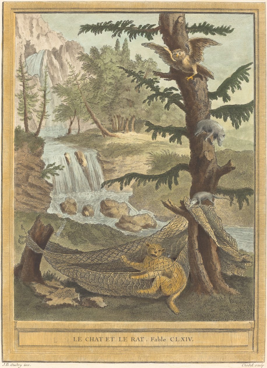 De kat en de rat door Quentin Pierre Chedel after Jean Baptiste Oudry