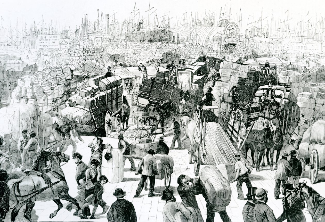Uitzicht vanaf West Street op de handelsactiviteiten in de haven van New York, c.1880 door Quevero