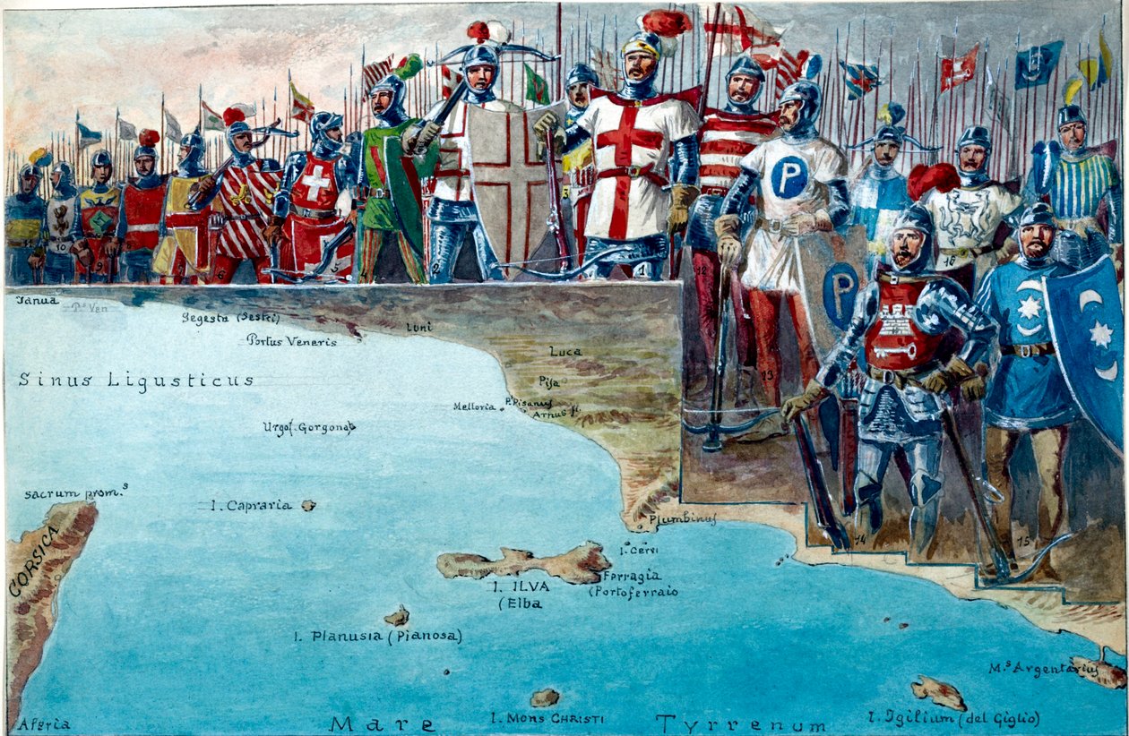 Kaart van het slagveld van de Slag bij Meloria in 1284, met de uniformen en militaire kostuums van de deelnemende Genuezen door Quinto Cenni